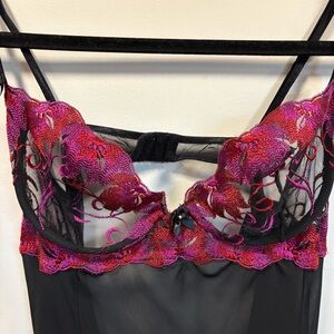 Elegant Black Lingerie Nightgown with Pink Lace Accents